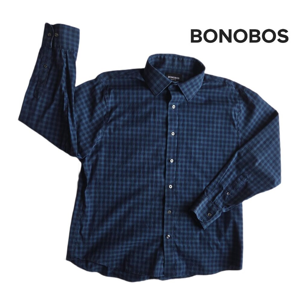 Bonobos Everyday Dress Shirt – Navy Plaid – Men’s Size Large, Standard Short